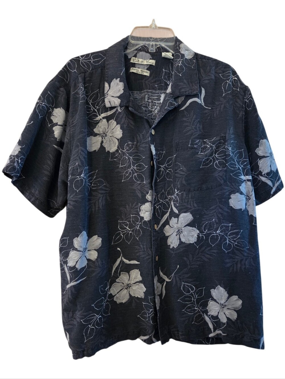 Batik Bay Mens Vintage Silk Shirt Dark Gray White Hawaiian Tropical Size XL